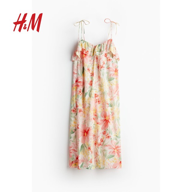 
HM women's dress summer V-neck loose printed suspender vacation style ruffled midi skirt dress 1234153