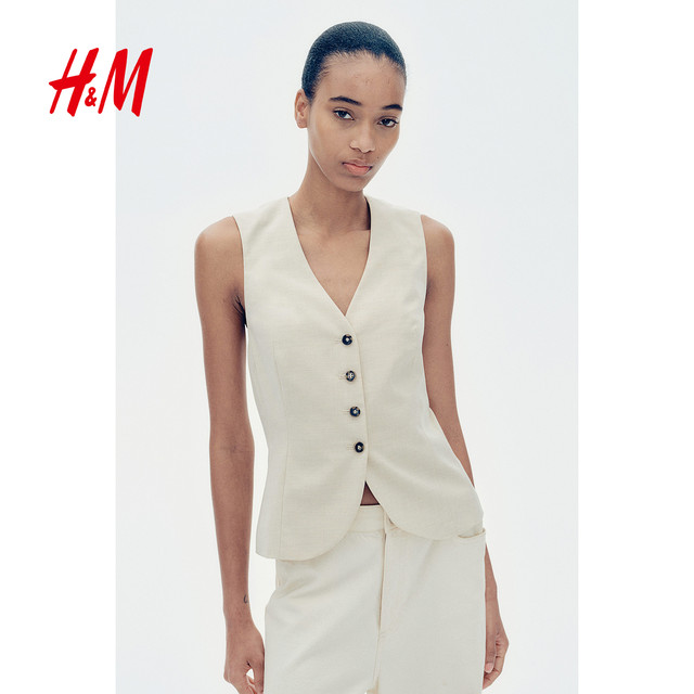 HM women's horse clip 2025 summer new soft simple fashionable casual woven V-neck suit vest 1261595
