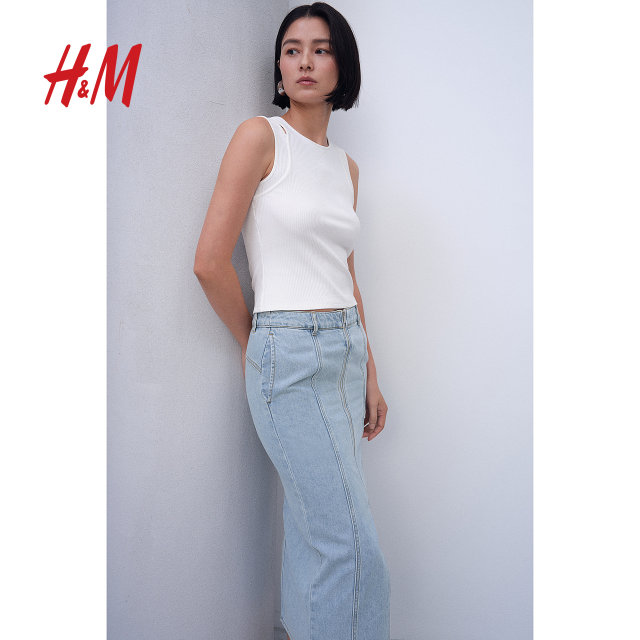 HM women's skirt summer zipper side pocket cotton fashionable mid-length denim skirt 1234828
