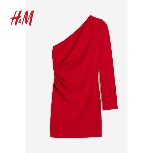 HM women's red dress summer fashion casual slanted neck temperament one-shoulder slim dress 1206463
