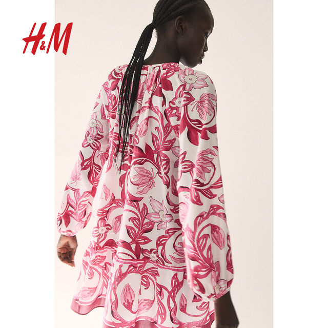 HM women's floral dress summer French loose round neck printed lantern long sleeve lace-up skirt 1217790