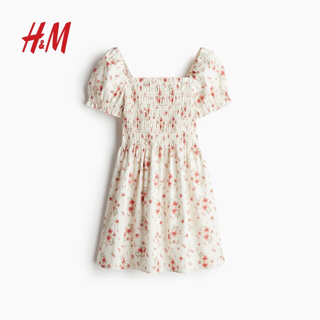 
HM women's floral dress French square collar puff sleeve condensed poplin design floral dress 1274547