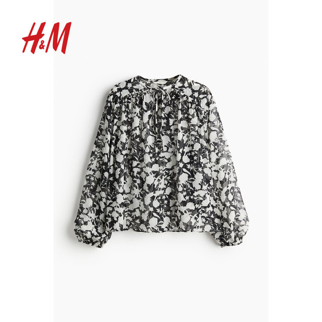 HM women's shirt summer print oversized bottoming shirt lantern long-sleeved top 1257114
