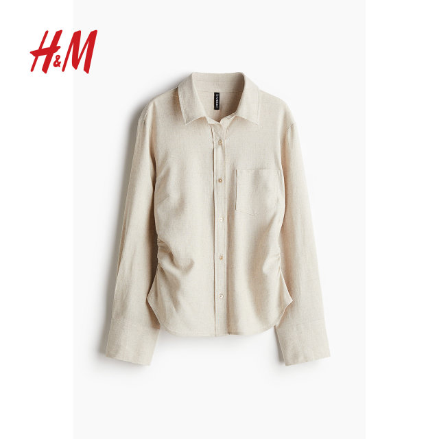 HM Women's Shirt 25 Summer New Style Broken Pleated Slack and Line Blended Shirt Commuter Long Sleeve Shirt 1271519
