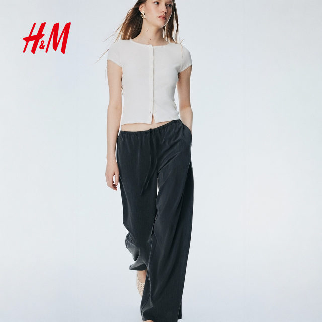 HM Women's Casual Pants 2025 Summer New Style Casual Simple Soft Twill Drawstring Trousers 1260947
