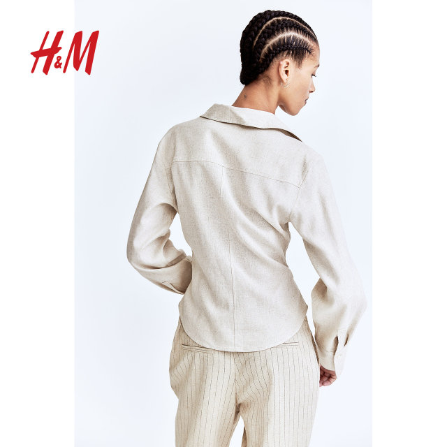 HM Women's Shirt 25 Summer New Style Broken Pleated Slack and Line Blended Shirt Commuter Long Sleeve Shirt 1271519
