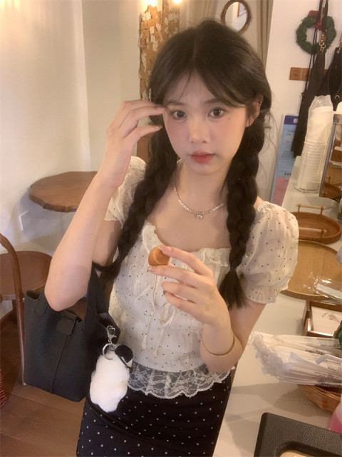 Spot summer French lace polka dot puff sleeve shirt for women sweet slim short doll shirt top for women

