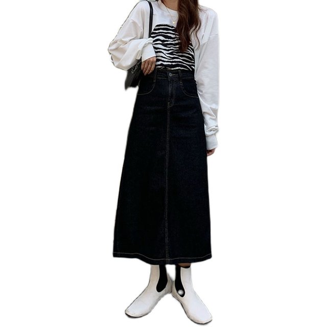 Black denim skirt for women in autumn, high waist, slim pear-shaped body covering hips, fat mm large size A-line mid-length skirt