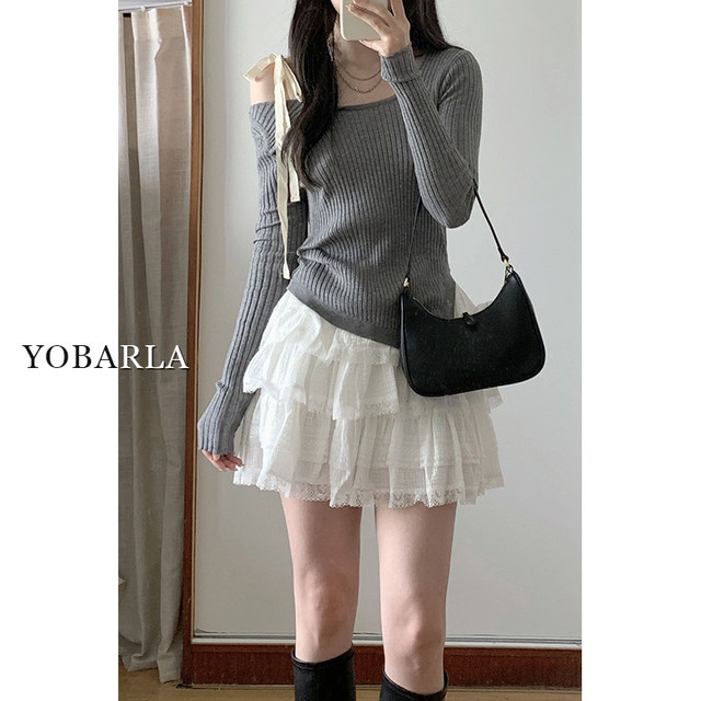 White lace puff cake short skirt Female summer new large size fat mm high waist high waist thin small A -line skirt