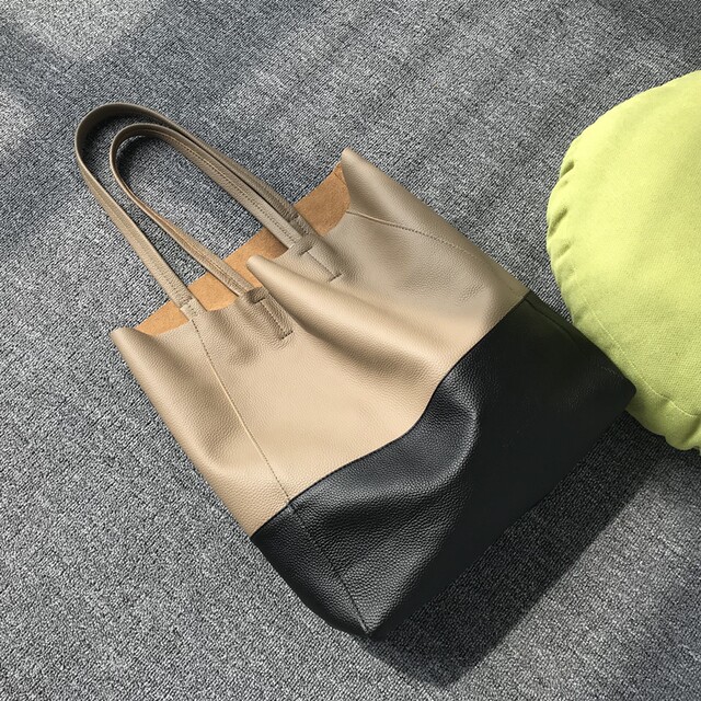 Li Yitong's same style first layer cowhide tote bag shopping bag simple color matching large capacity bag trendy fashion women's bag