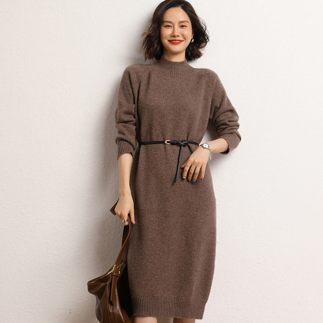 Half turtleneck cashmere skirt dress for women autumn and winter mid-length loose slimming knee-length sweater dress knitted long skirt