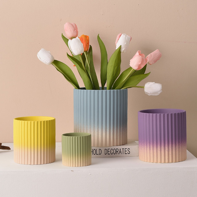 Gradient olive green ceramic plain-fired flower pot with holes and tray, water-absorbent and breathable green plant, tiger orchid, dopamine color