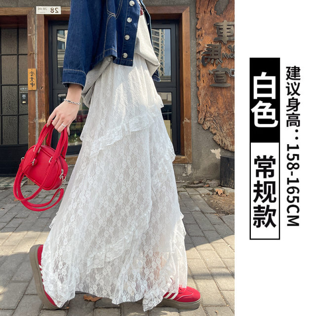 Twill lace skirt retro splicing women's spring and summer white elastic waist slimming mesh a-line long skirt cake skirt
