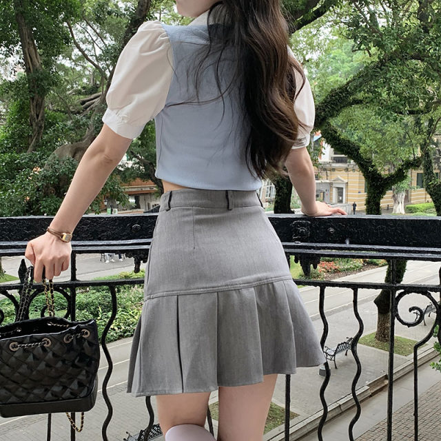 Pocket pleated skirt for women with summer high waist A-line slim and versatile Korean style short skirt suit fabric khaki skirt