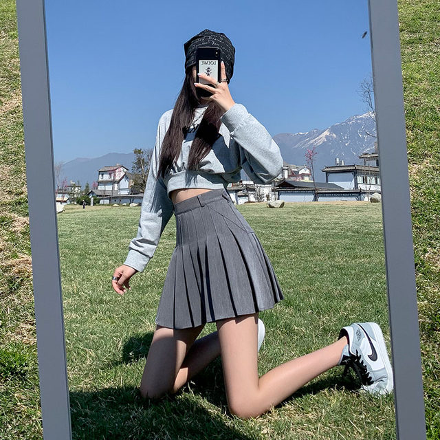 Pleated skirt for women in summer high waist A-line slim and sweet college style suit fabric high short skirt gray skirt pants