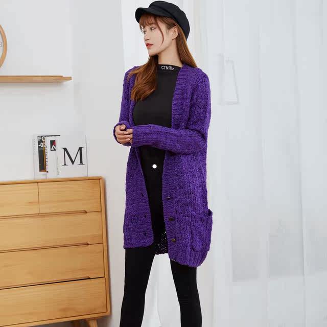 Foreign trade cardigan mid-length women's sweater jacket loose version purple V-neck long-sleeved Tongle temperament jacquard early spring