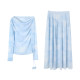 Original design with ears uare, dream ripples, blue dyed printed collar, off-shoulder T-shirt skirt suit