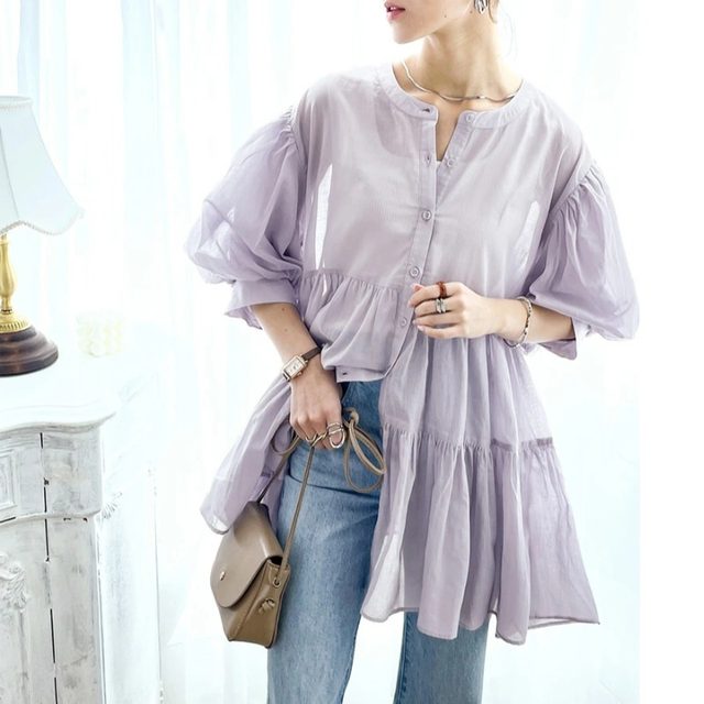New women's street versatile slim splicing ruffled chiffon shirt cardigan 7-quarter sleeve thin jacket
