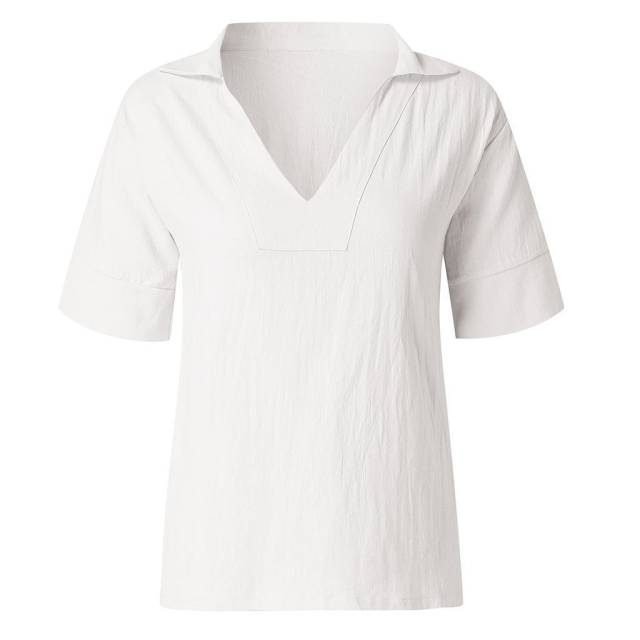 Large size women's clothing European and American style spring and summer new solid color V-neck loose simple literary casual short-sleeved shirt T-shirt top
