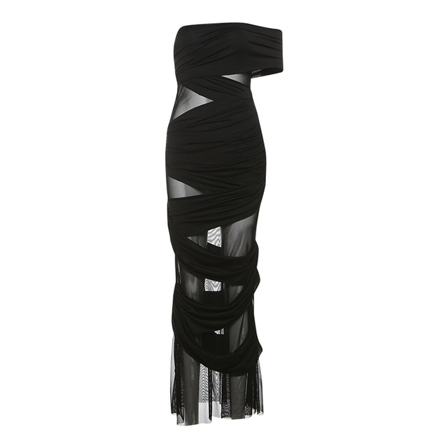 Weird girl abstinence-style deconstructed mesh splicing one-shoulder diagonal collar dress for women niche waist hot girl long skirt