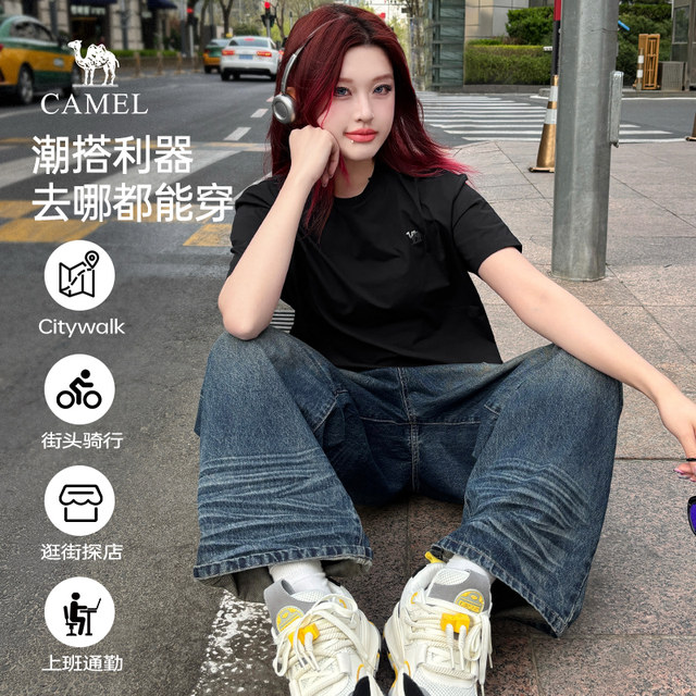 Camel women's quick-drying short-sleeved T-shirt 2025 summer new pure color couple sports and casual half-sleeved T-shirt for men and women