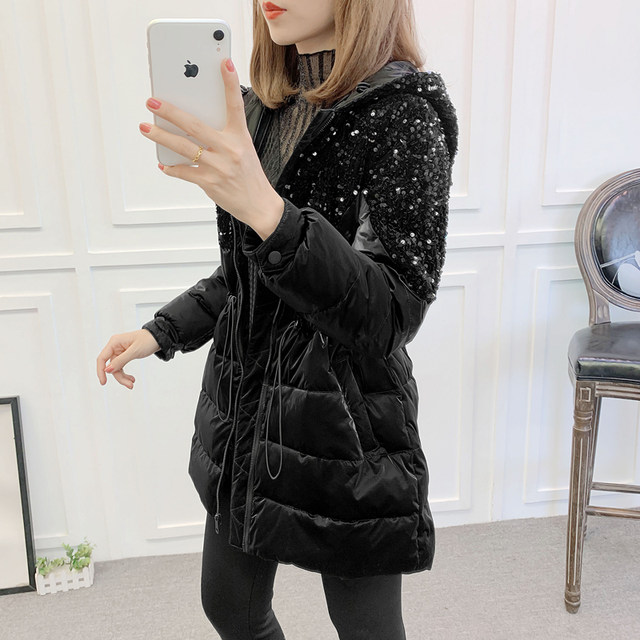 Women's plus size down jacket, street-level cotton jacket, women's thickened and versatile Hong Kong style fat mm sequin embroidered down jacket trendy