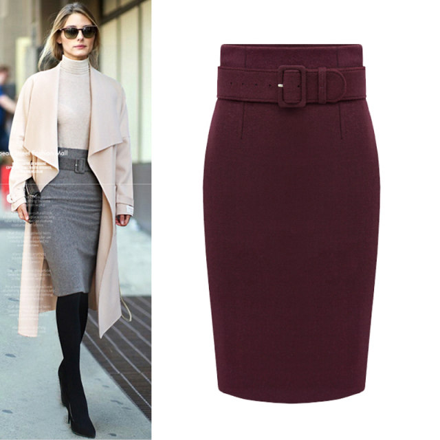 Gray stretch skirt, autumn and winter woolen material, hip-covering skirt, high-waisted, slim-fitting, knee-length mid-skirt, Korean version, versatile one-step skirt