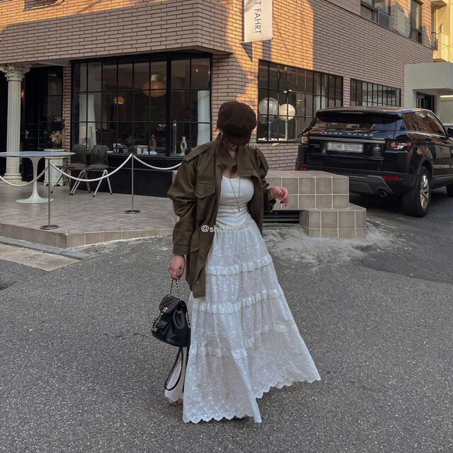 Korean official website purchase autumn and winter sweet girl sweet layered lace hooked long skirt skirt