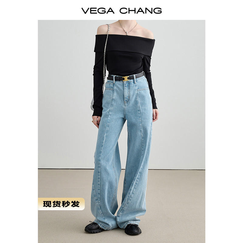 VEGA CHANG直筒牛仔褲女2023秋季新款高腰顯瘦設計感拖地闊腿褲子