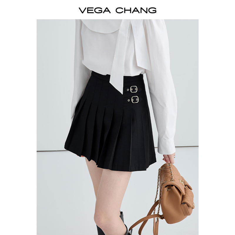 VEGA CHANG百褶半身裙女2023秋季新款設計感學院風顯瘦高腰短裙子