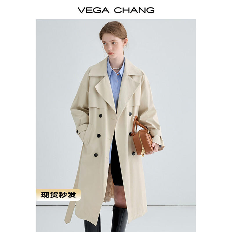 VEGA CHANG風衣外套女2023秋季新款英倫風寬鬆顯瘦簡約中長版大衣