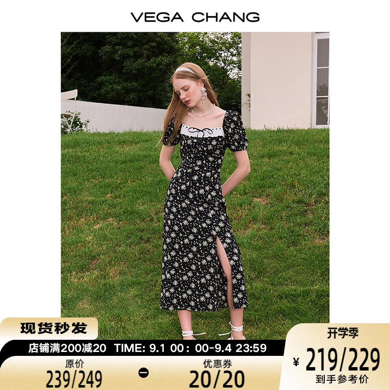 VEGA CHANG黑色碎花洋裝夏2023新款女裝法式小眾開叉茶歇裙子