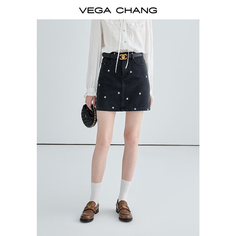 VEGA CHANG牛仔半身裙女2023秋季新款小個子高腰顯瘦a字包臀短裙