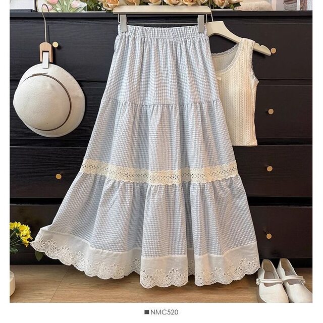 Fat mm Extra Large Size 300 Jin [Jin equals 0.5 kg] Sweet lace spliced ​​contrasting skirt for women loose high waist mid-length cake skirt 2