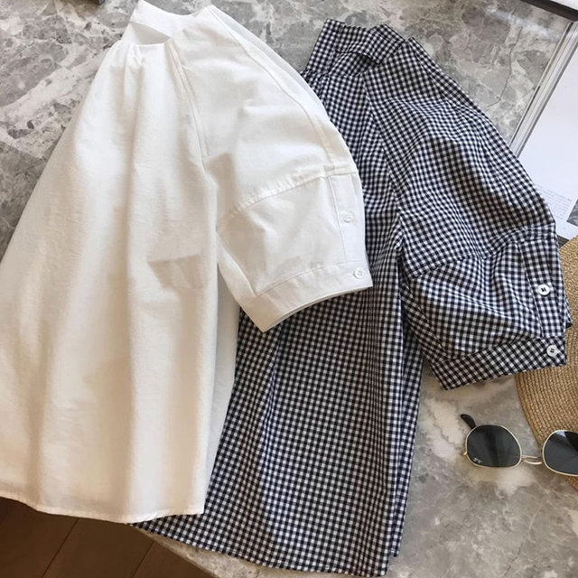 Fat mm large size 300 Jin [Jin equals 0.5 kg] New French niche design sense five-point sleeve T-shirt for women in summer loose plaid top trendy
