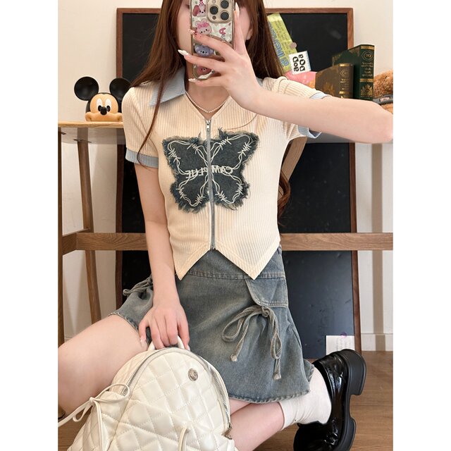 Fabric Pig Xilang Movement Sweet Academy Style Blue Denim Short Skirt Set Summer Print Top Two-piece Set