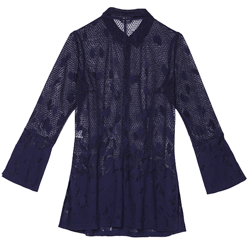 Xing's women's clothing Spring and Autumn mesh flare sleeve lapel shirt Large size knitted shirt Women's long sleeve mid-length top