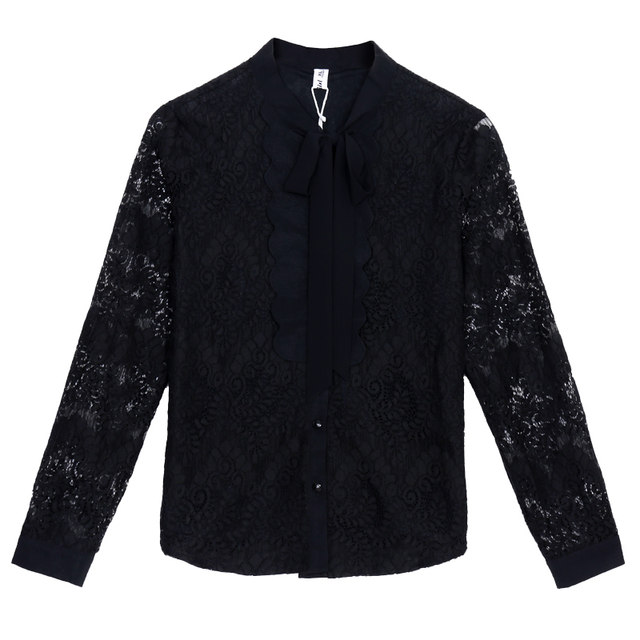 Xing's women's clothing spring and autumn new black lace commuting shirt women's long-sleeved hollow top bow tie shirt
