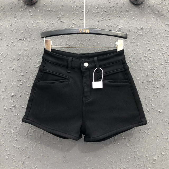 Hot girl leopard print high waist plus velvet thickened denim shorts women's 25 spring new casual and versatile base wide-leg pants