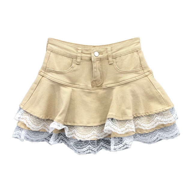 2025 summer pure and sweet puffy skirt denim skirt women's lace spliced ​​high-waisted small skirt