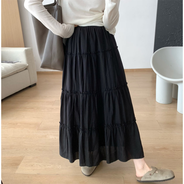 Fine rice customization Korean pleated chiffon skirt versatile solid color cake skirt elastic waist droop A-line long skirt new