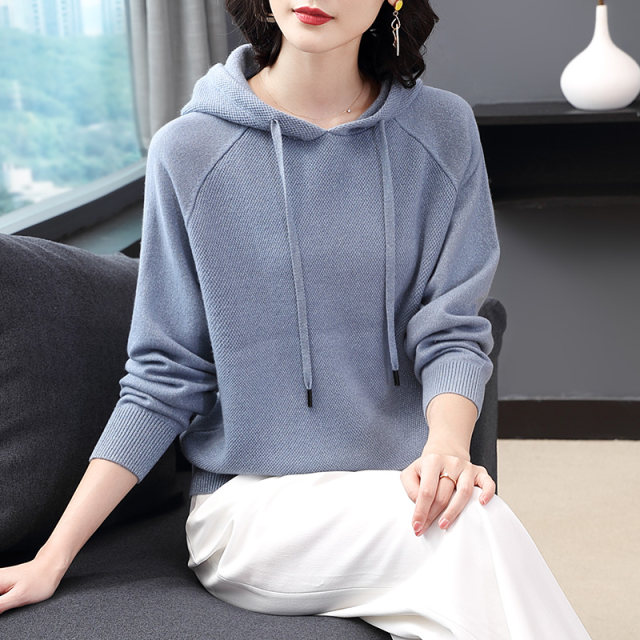 Cashmere sweater for women loose outerwear new autumn and winter thickened knitted hooded 100% pure cardigan red sweater