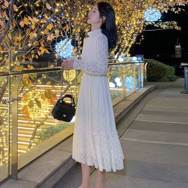 
Pincai long-sleeved dress for women with half-high neck solid color lace skirt elegant design long skirt P136Q278