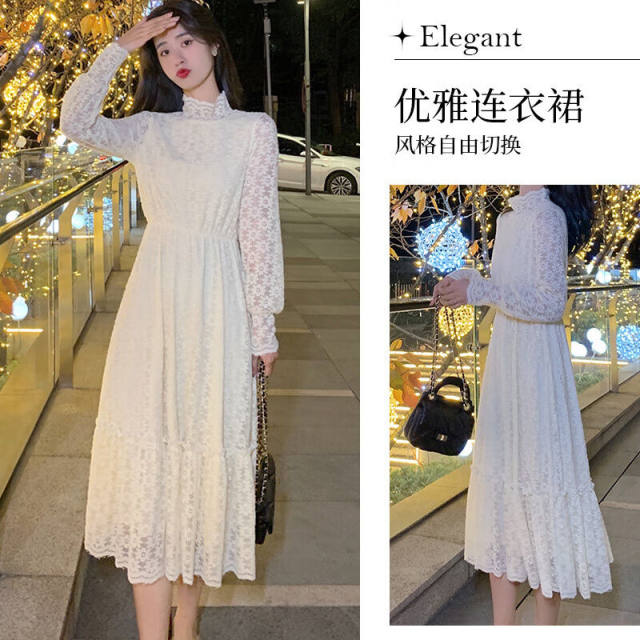 
Pincai long-sleeved dress for women with half-high neck solid color lace skirt elegant design long skirt P136Q278