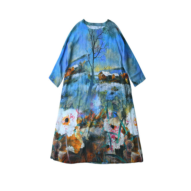 Ran Shang's original ramie lotus printed dress for women's loose ...