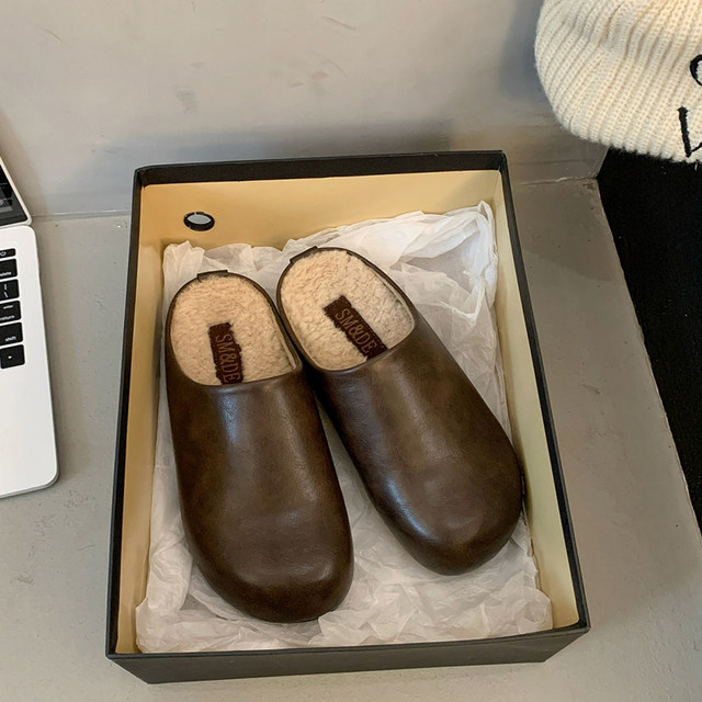 French thick-soled Birken versatile toe half-slippers for women's shoes for 2025 autumn and winter new velvet retro lazy shoes