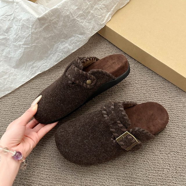Retro woolen toe-cap half slippers for women's outer wear 2025 autumn and winter new style slip-on thick sole plus plush felt Birkenstock shoes
