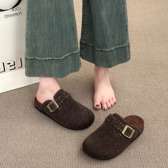 Retro woolen toe-cap half slippers for women's outer wear 2025 autumn and winter new style slip-on thick sole plus plush felt Birkenstock shoes
