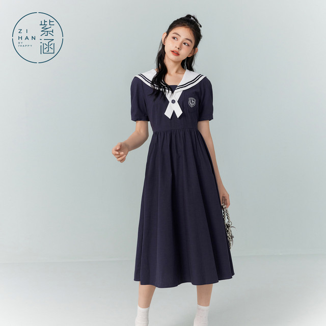 Zihan college style dress women's summer new Japanese casual navy collar tie waist short-sleeved mid-length skirt