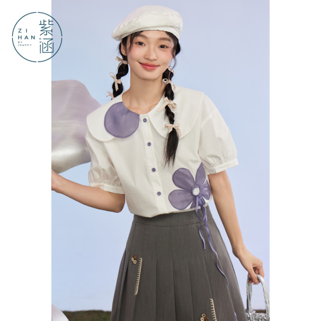 Zihan doll collar short -sleeved shirt Female summer new sweet wind, age -reducing casual design, flower loose shirt
